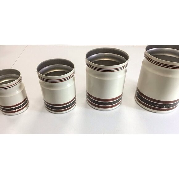 Vintage/Retro Set 4 Kromex Tan Brown Stripes Nesting Aluminum Canisters W/ LIDS - Picture 3 of 8
